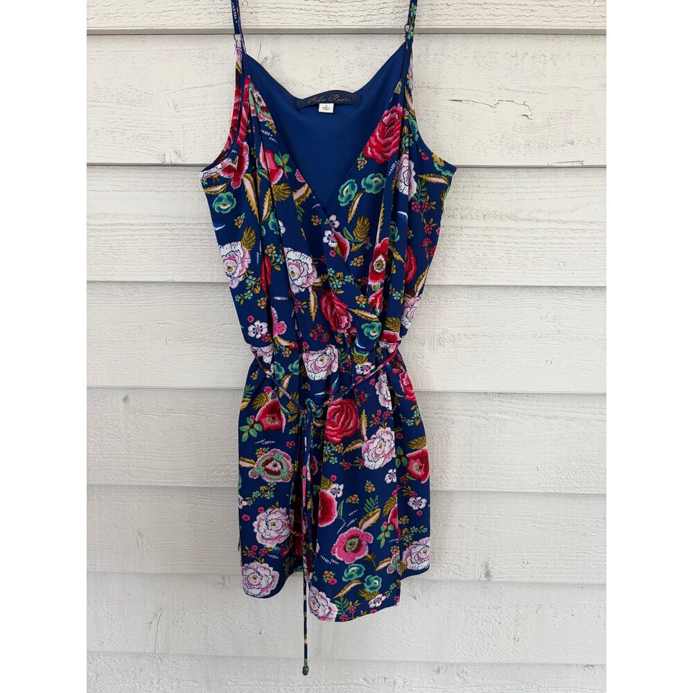Blue Rain Floral Romper Navy Multicolor Tie Waist Sleeveless Size L - Picture 2 of 5